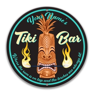 Personalized Tiki Bar Sign, Custom Poolside Bar Sign with Torches, Beach Bar Decor, Tropical Hawaiian Sign, Polynesian Art, Tribal P-SUM016