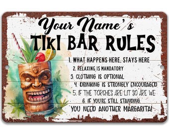 Personalisiertes Tiki-Bar-Regeln-Zeichen, Poolside-Bar-Zeichen, personalisiertes Bar-Dekor, tropisches hawaiianisches Zeichen, P-SUM023