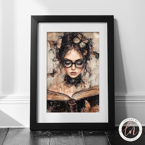 May include: A digital painting of a woman with brown hair and glasses reading a book. She is surrounded by butterflies and the background is a vintage book page.