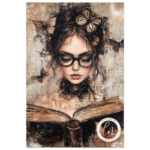 May include: A painting of a woman with long brown hair wearing glasses and a black choker. She is reading a book with a worn leather cover. Butterflies are depicted around her head and on the page of the book. The background is a textured collage of old newspaper pages. The painting is signed "Designs by Linda Nee".