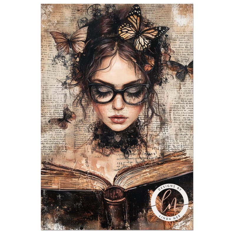 May include: A painting of a woman with long brown hair wearing glasses and a black choker. She is reading a book with a worn leather cover. Butterflies are depicted around her head and on the page of the book. The background is a textured collage of old newspaper pages. The painting is signed "Designs by Linda Nee".