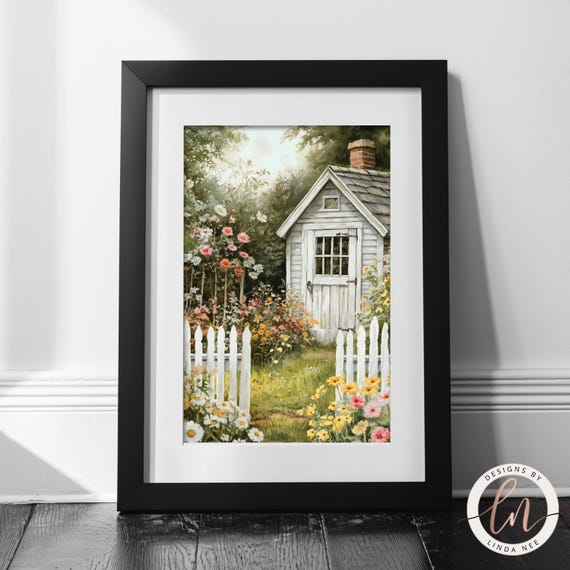 Vintage Cottage Garden Painting, Rustic Country Flower Garden Wall