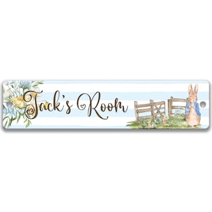 Personalized Door Sign for Baby, Peter Rabbit Sign, Flopsy Wood Nursery Name Sign, Baby Gift Bedroom Door Sign Blue Rabbit B-ANM010