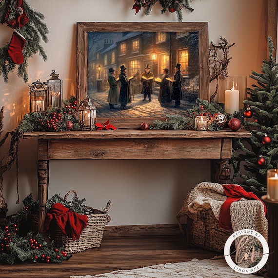 Victorian Christmas Carolers Wall Art, Vintage Village Oil Painting Print, Light Academia, Cottagecore, London England Winter Print 6-XMS028
