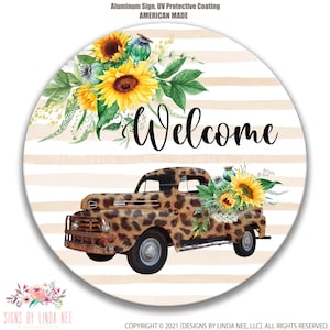 Zonnebloem Welkomstbord, Cheetah Truck Wreath Sign, Summer Wreath Signs, Vintage Truck Sign, Door Hanging Sign, Floral Wreath Sign F-WEL005