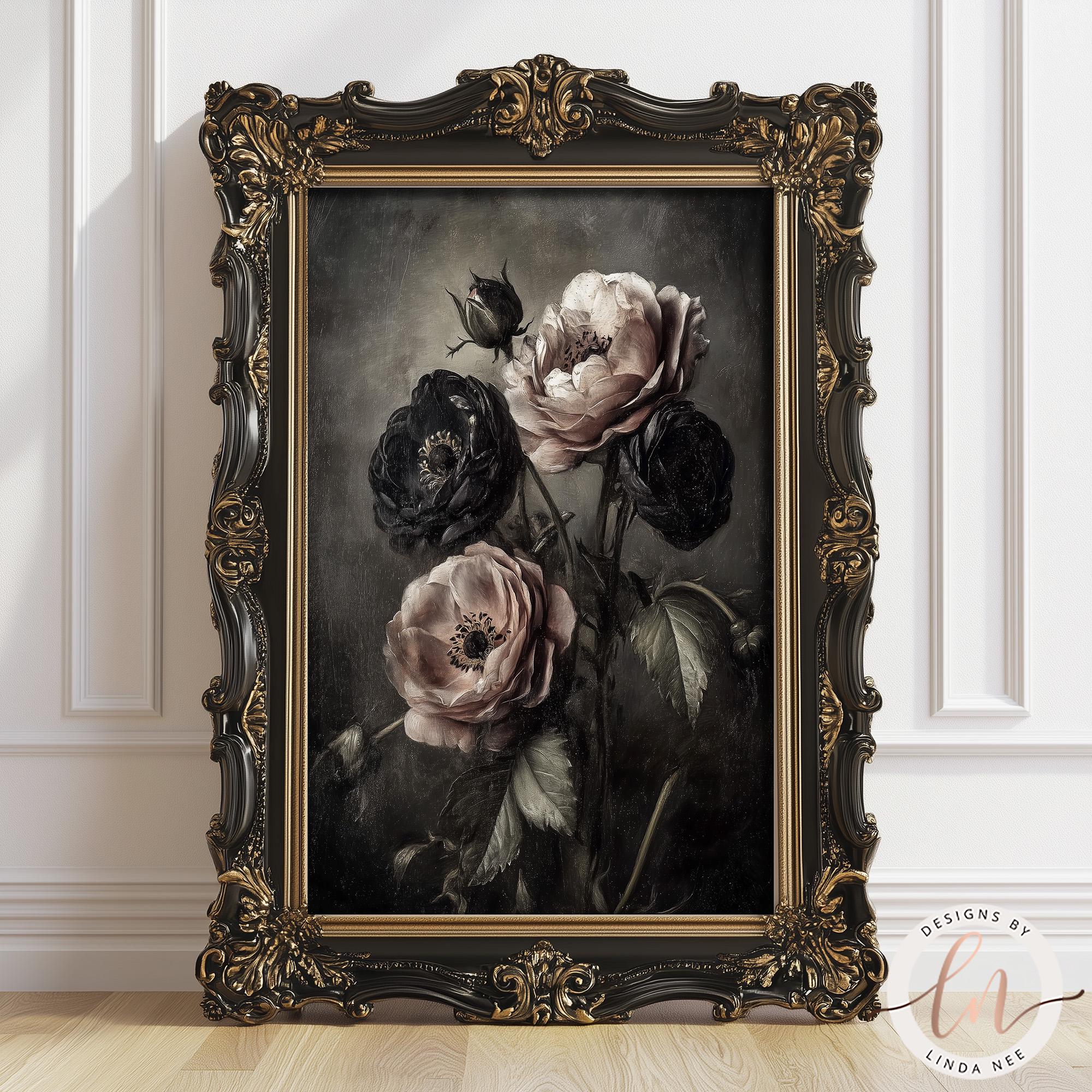 Dark Academia Floral Wall Art, Gothic Black Roses Print, Moody ...