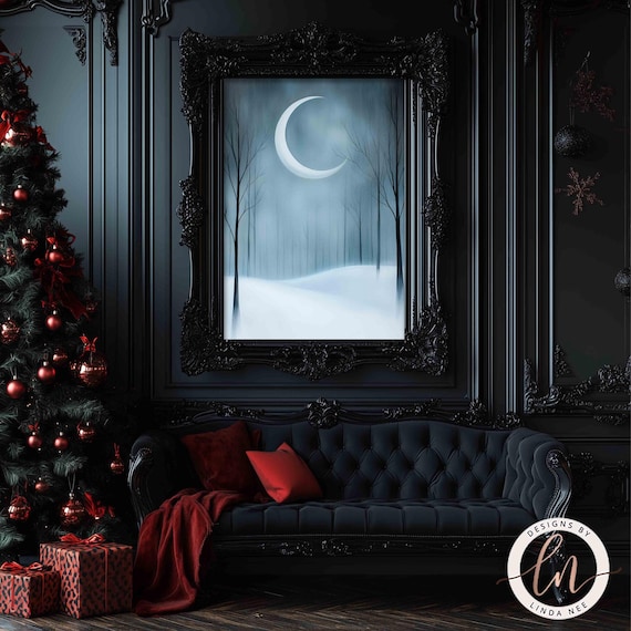 Winter Moonlit Forest Print, Minimalist Winter Painting, Tranquil Snowy Landscape Wall Art, Ethereal Winter Night Metal Print 6-XMS052