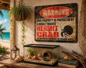 Hermit Crab Sign, Funny Crab Warning Sign for Crabitat, Crustaceans, Pet Cage Accessory, Cute Kids Pet Decor