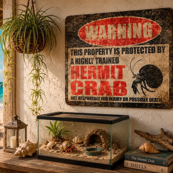 Hermit Crab Sign, Funny Crab Warning Sign for Crabitat, Crustaceans, Pet Cage Accessory, Cute Kids Pet Decor