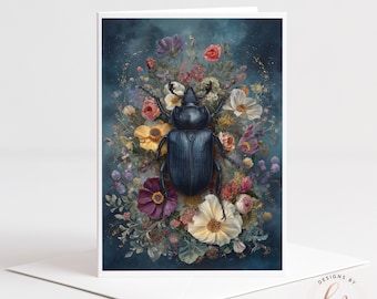 Midnight Beetle Greeting Card, Dark Academia Botanical Stationery, Moody Insect Note Card