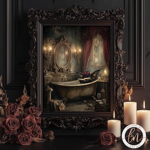 May include: A framed artwork shows a moth creature reading in a bathtub. The artwork is in a dark, gothic style, with a black frame and a bouquet of red roses. Lit candles and a mirror are also visible.