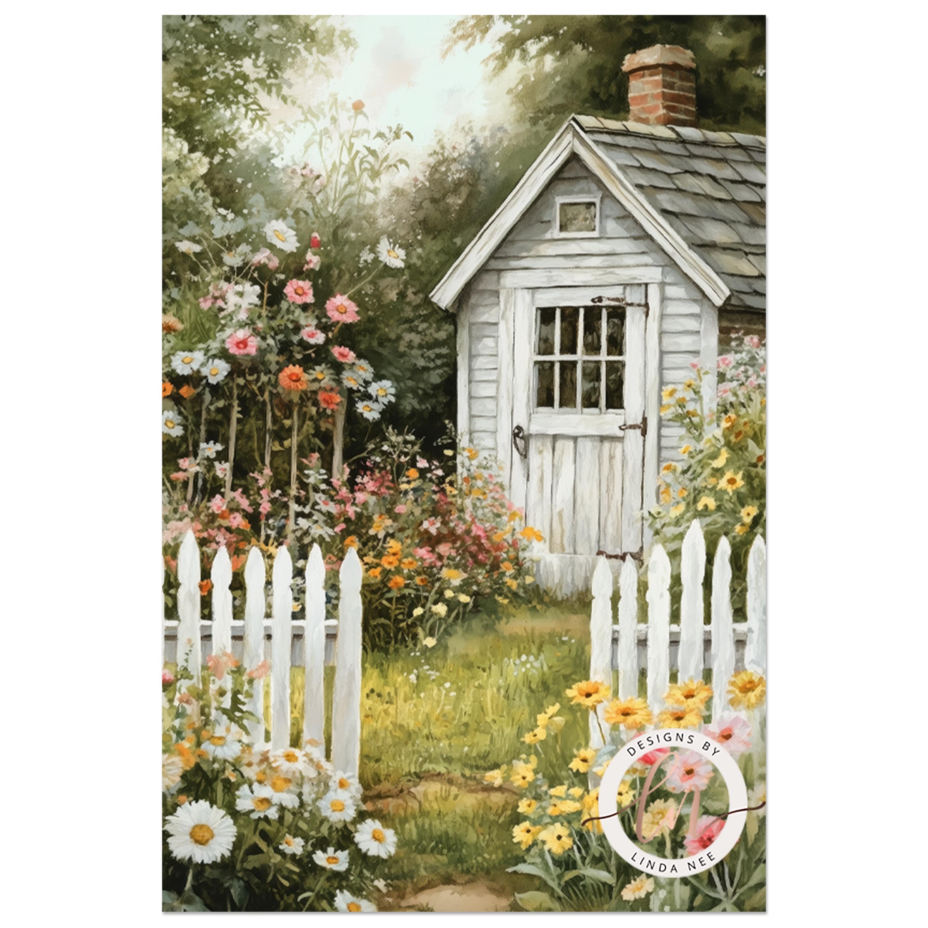 Vintage Cottage Garden Painting, Rustic Country Flower Garden Wall Art ...