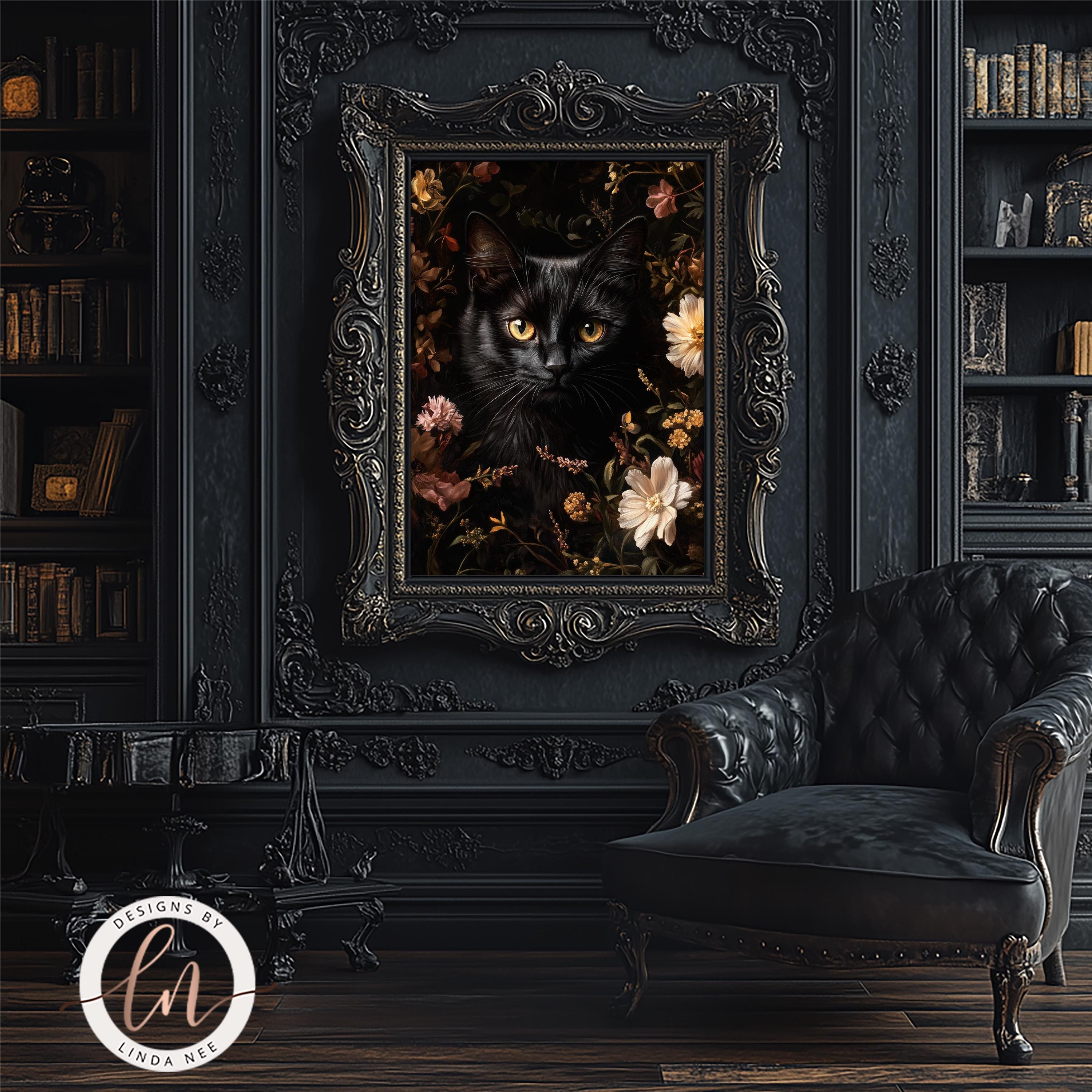 Black Cat Floral Wall Art | Gothic Cottagecore Decor | Dark Botanical ...