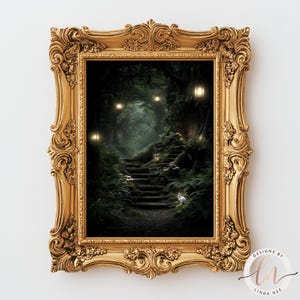 The image is a framed painting depicting a lush, green forest with a winding path leading up to a set of stairs.