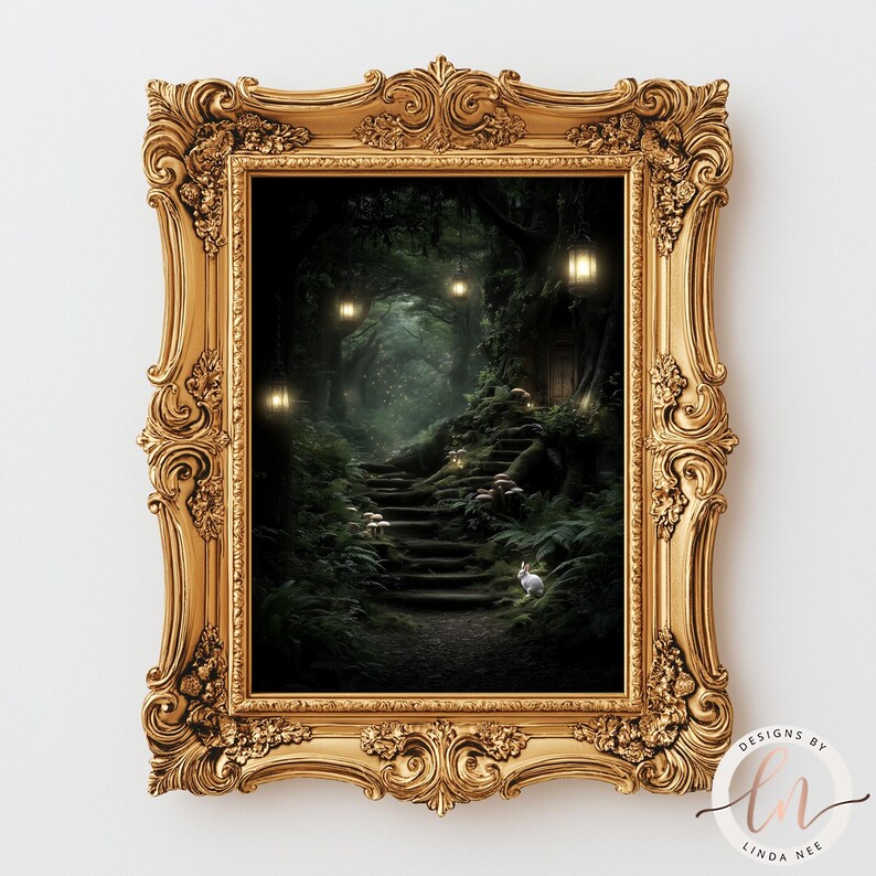 The image is a framed painting depicting a lush, green forest with a winding path leading up to a set of stairs.