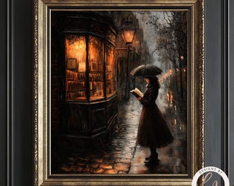 May include: A woman in a long dark coat and hat reads a book in a dimly lit street. The street is wet from rain and there are streetlights casting a warm glow. A storefront with a large window is visible in the background.