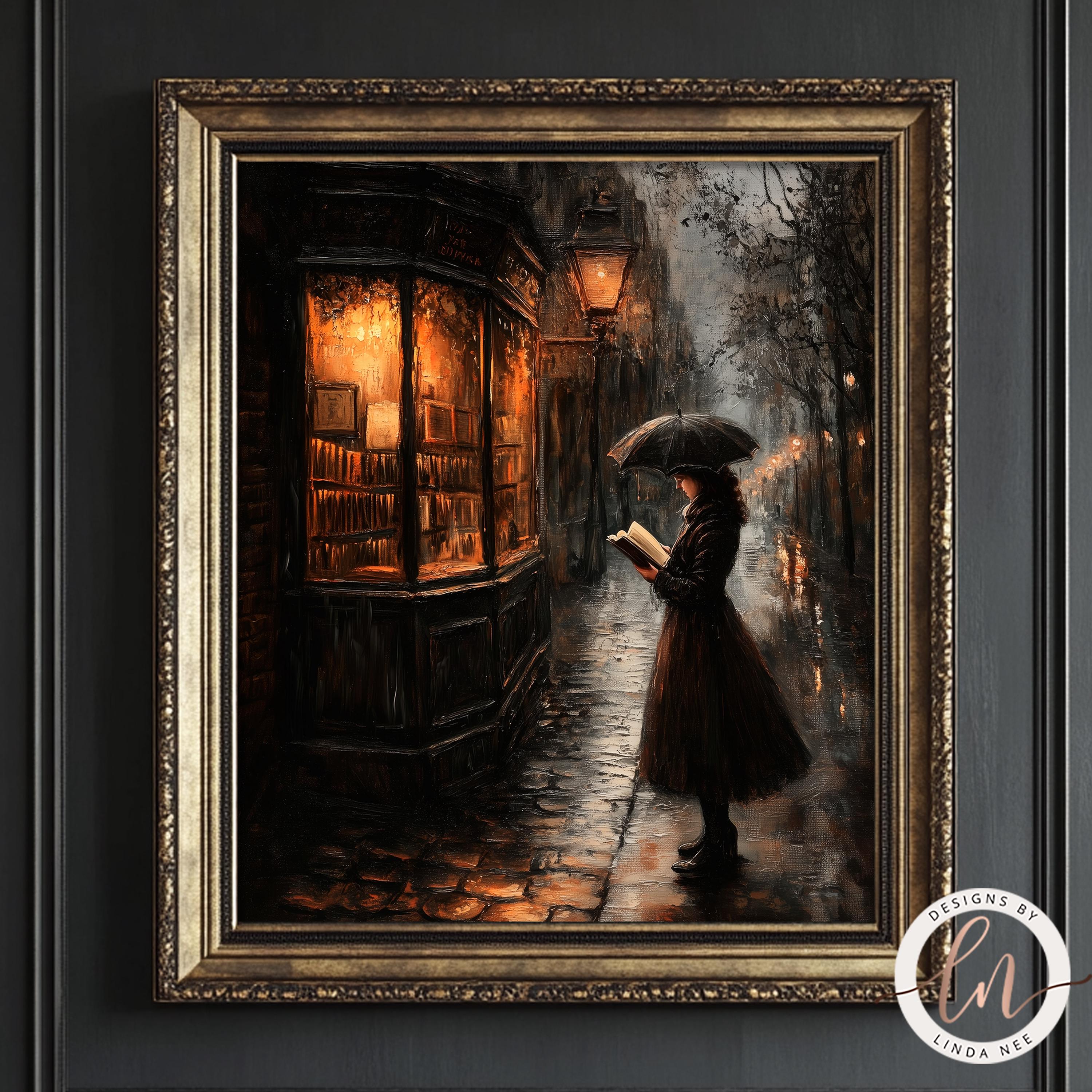 Victoriaanse vrouw leest leesgrage Wall Art Print, decor Dark Academia, boekhandel, gotische bibliotheekkunst, humeurig leeshoekje schilderij 6-GOT059