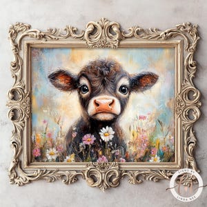 Highland Cow Baby Painting, Rustic Farmhouse Wildflowers Oil Painting, Vintage Cow Print, Country Nursery Decor, Antique, Landscape 6-SPR013