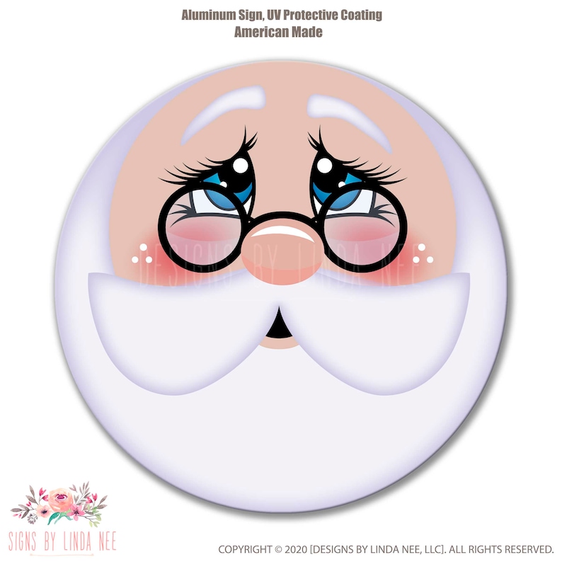 May include: A round, white and pink Santa Claus face with blue eyes and black glasses. The background is white.