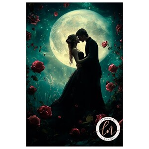 a man and a woman kissing in front of a full moon