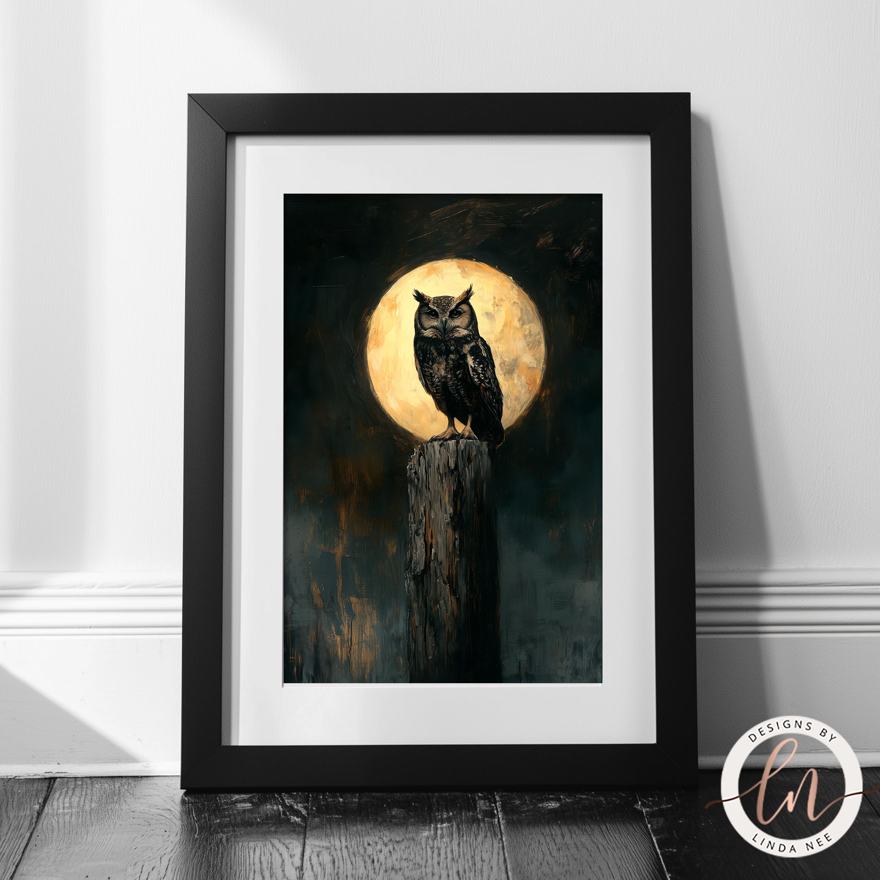 Gothic Owl Painting, Dark Academia Full Moon Owl Wall Art Print, Rustic ...