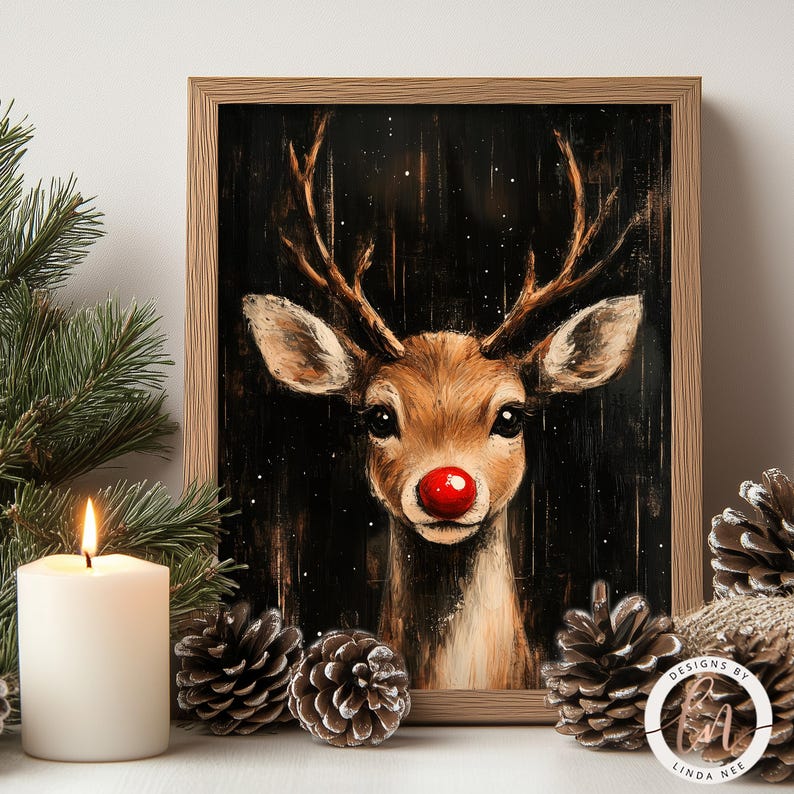 a painting of a deer with a red nose