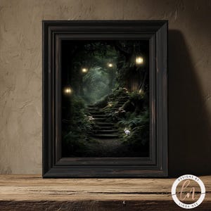 A framed painting depicting a serene forest scene with a winding path leading through the lush greenery and illuminated by the soft glow of lanterns hanging from the trees.