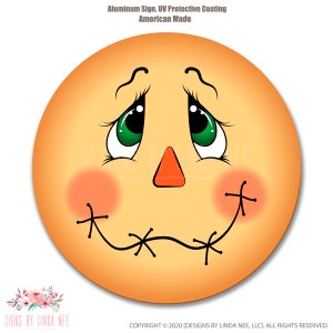 Signe mignon de visage d’épouvantail, signe de couronne d’épouvantail aux yeux verts, signe de couronne d’automne, décor de maison d’automne, signe en métal de cercle, choisissez votre taille SHO266
