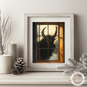 a painting of a horned animal looking out a window