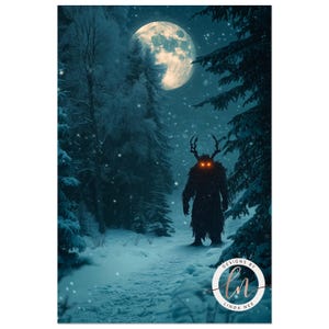a man with a horned head walking through a forest at night