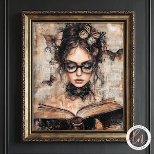 May include: A painting of a woman with butterflies in her hair, wearing glasses and reading a book. The background is a vintage newspaper print.