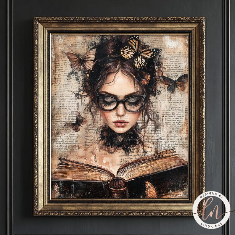 May include: A painting of a woman with butterflies in her hair, wearing glasses and reading a book. The background is a vintage newspaper print.
