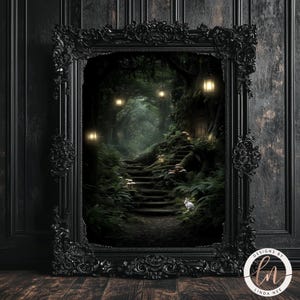 The image is a framed painting depicting a serene forest scene with a winding path leading up to a small wooden cabin nestled among the trees.
