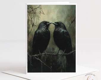 Two Gothic Ravens Greeting Card, Witchy Bird Art, Romantic and Dark 5x7 Anniversary Card