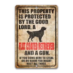 May include: A rustic metal sign with a distressed background featuring a black silhouette of a Flat Coated Retriever dog. The sign reads "This property is protected by the good lord, a Flat Coated Retriever and a gun. If you come here to steal or do harm you might meet all three."