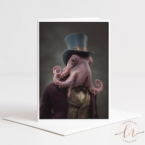 May include: Greeting card featuring a whimsical image of an octopus wearing a top hat, suit jacket, and vest. The octopus is a light purple color, and the clothing is dark purple and gold. The card is on a white background.