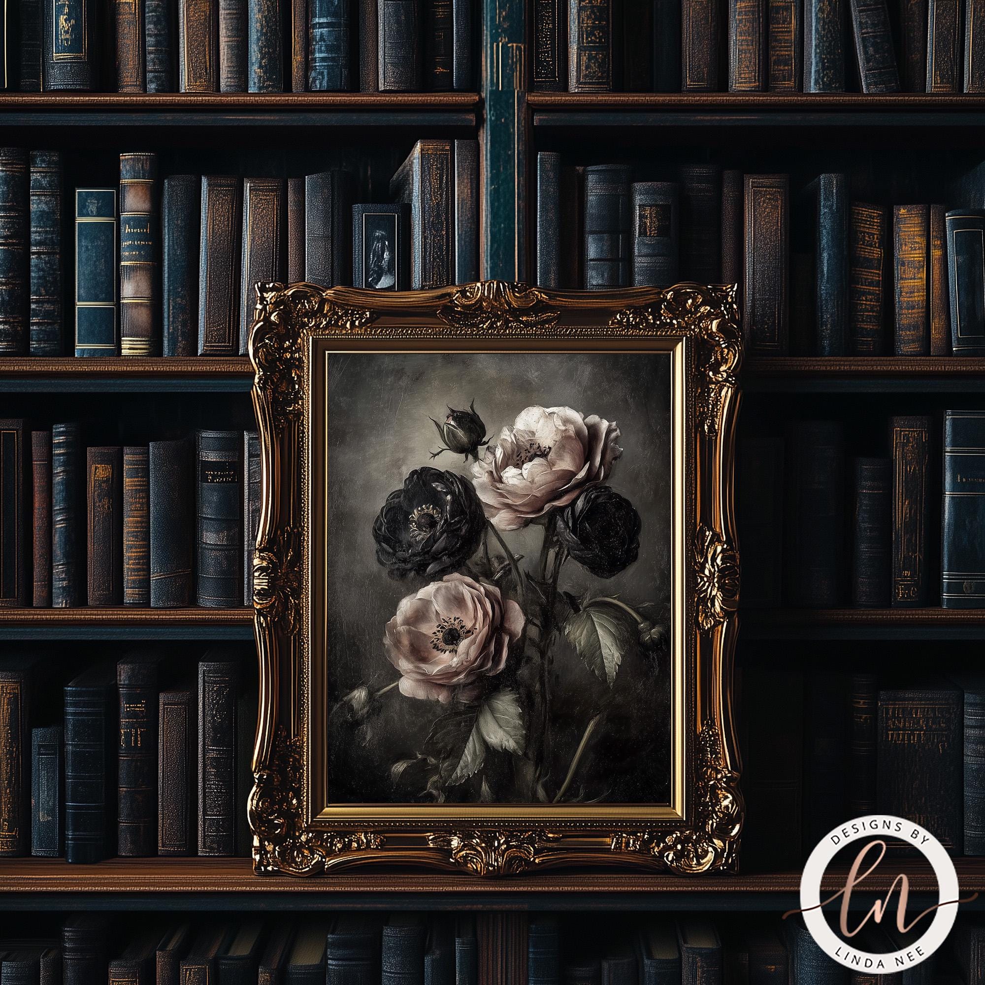 Dark Academia Floral Wall Art, Gothic Black Roses Print, Moody ...
