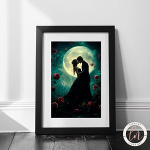 a picture of a couple kissing in front of a full moon