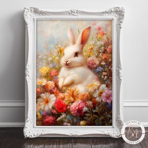 咲き誇る庭の気まぐれなウサギの油絵、イースター春の花のアートプリント、コテージコア動物の壁飾り、ヴィンテージウサギアート 6-SPR007