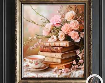 Spring Floral Stack of Books Print with Pink Roses, Romantic Jane Austen Inspired Wall Art, Shabby Chic Floral Decor Light Academia 6-LIT001