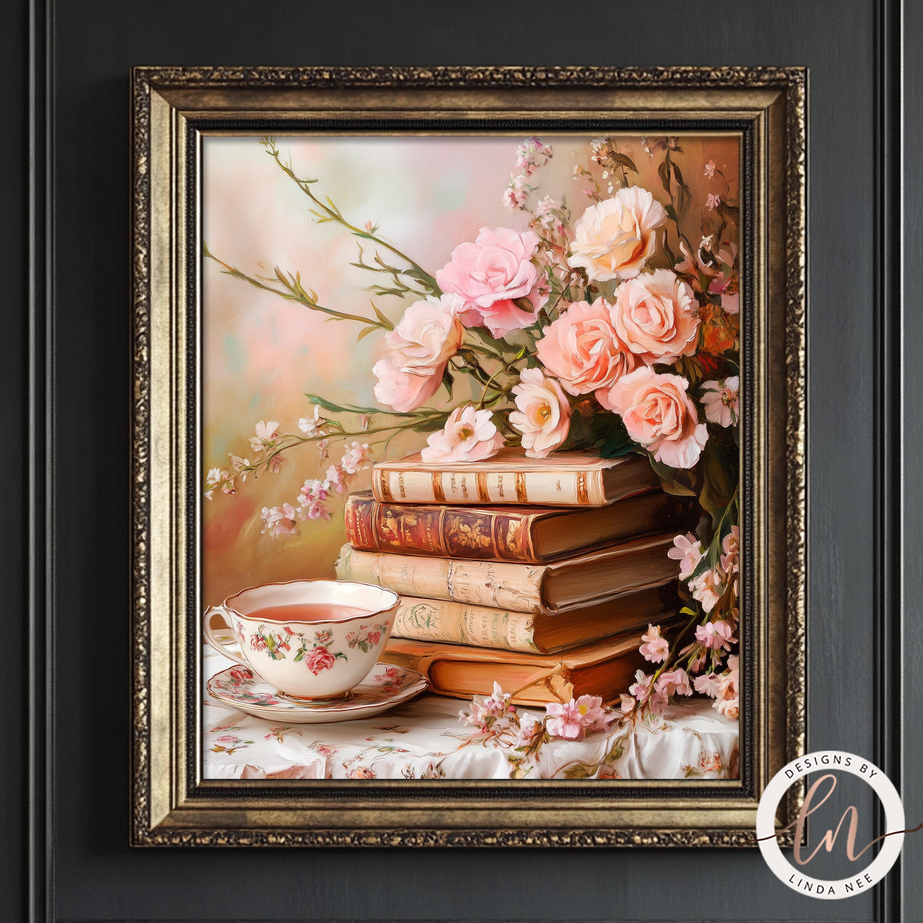 Spring Floral Stack of Books Print With Pink Roses, Romantic Jane