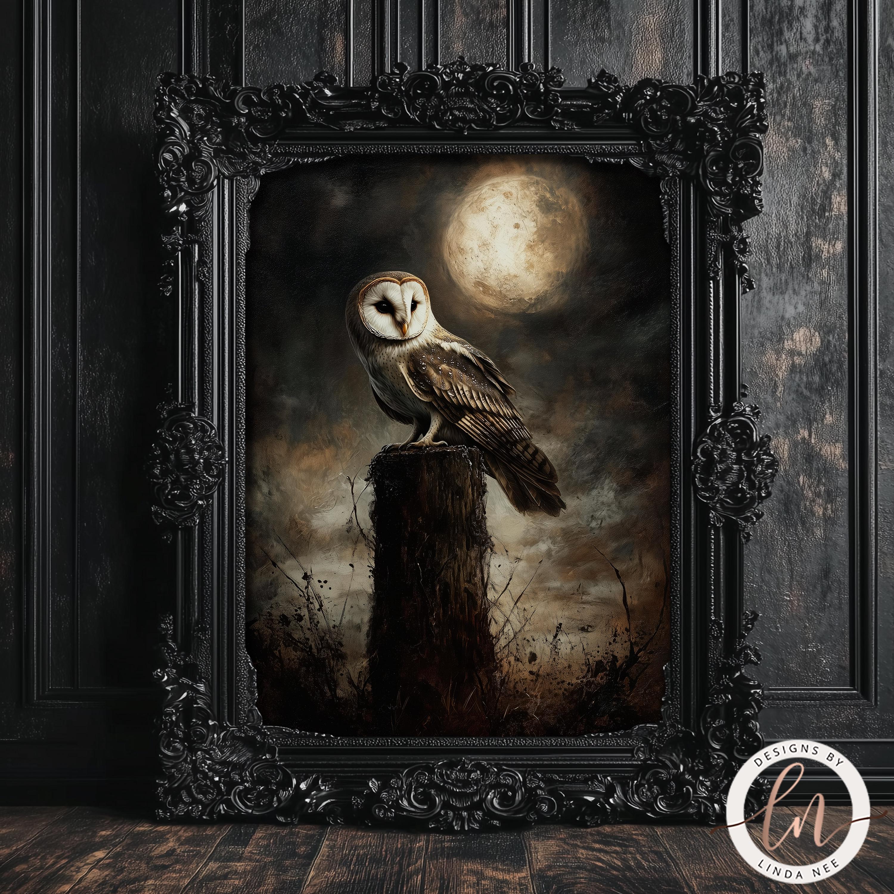 Dark Barn Owl Painting, Dark Academia Owl Wall Art Print, Rustic Dark ...