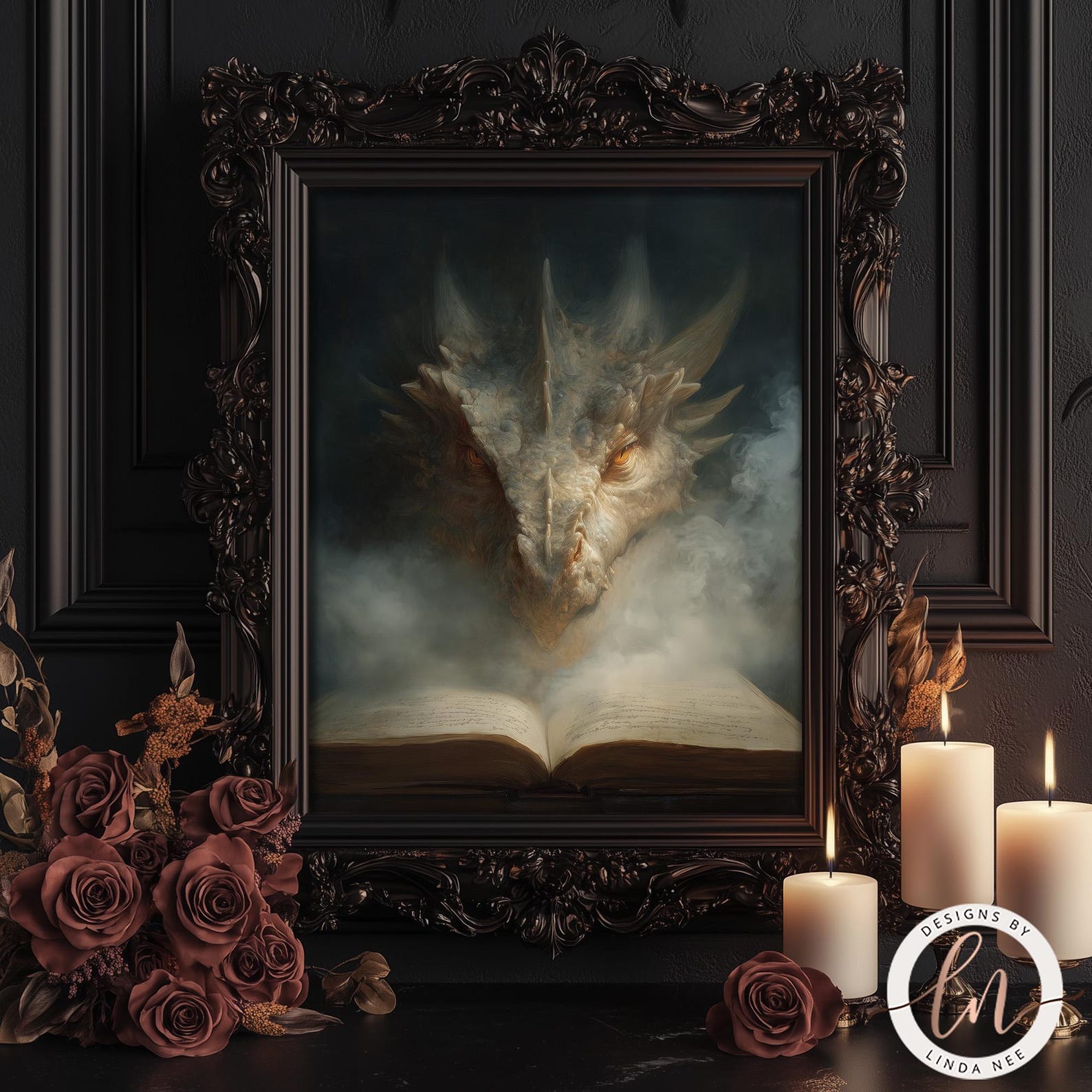 Fantasy Dragon Wall Art Print, Dark Academia Decor, Gothic Reader ...