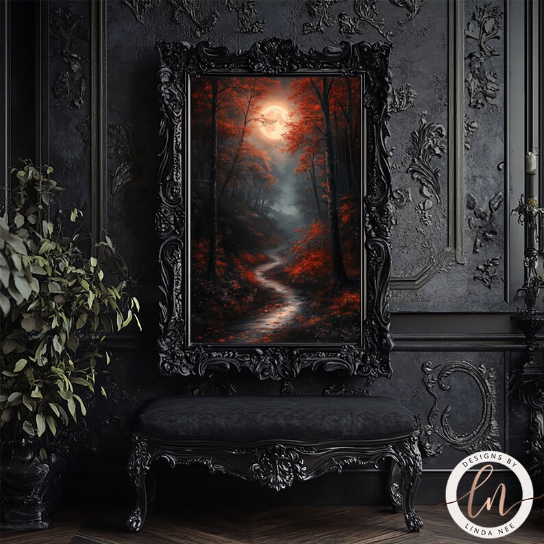 Blood Moon Enchanted Forest Path Metal Print, Dark Fantasy Wall Art ...