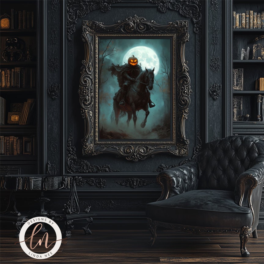 Headless Horseman Art Print, Legend of Sleepy Hollow, Dark Gothic Academia, Halloween Samhain, Macabre, Eerie, Spooky, Horror 6-HAL003