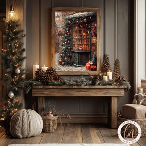 a painting of a fireplace with christmas decorations