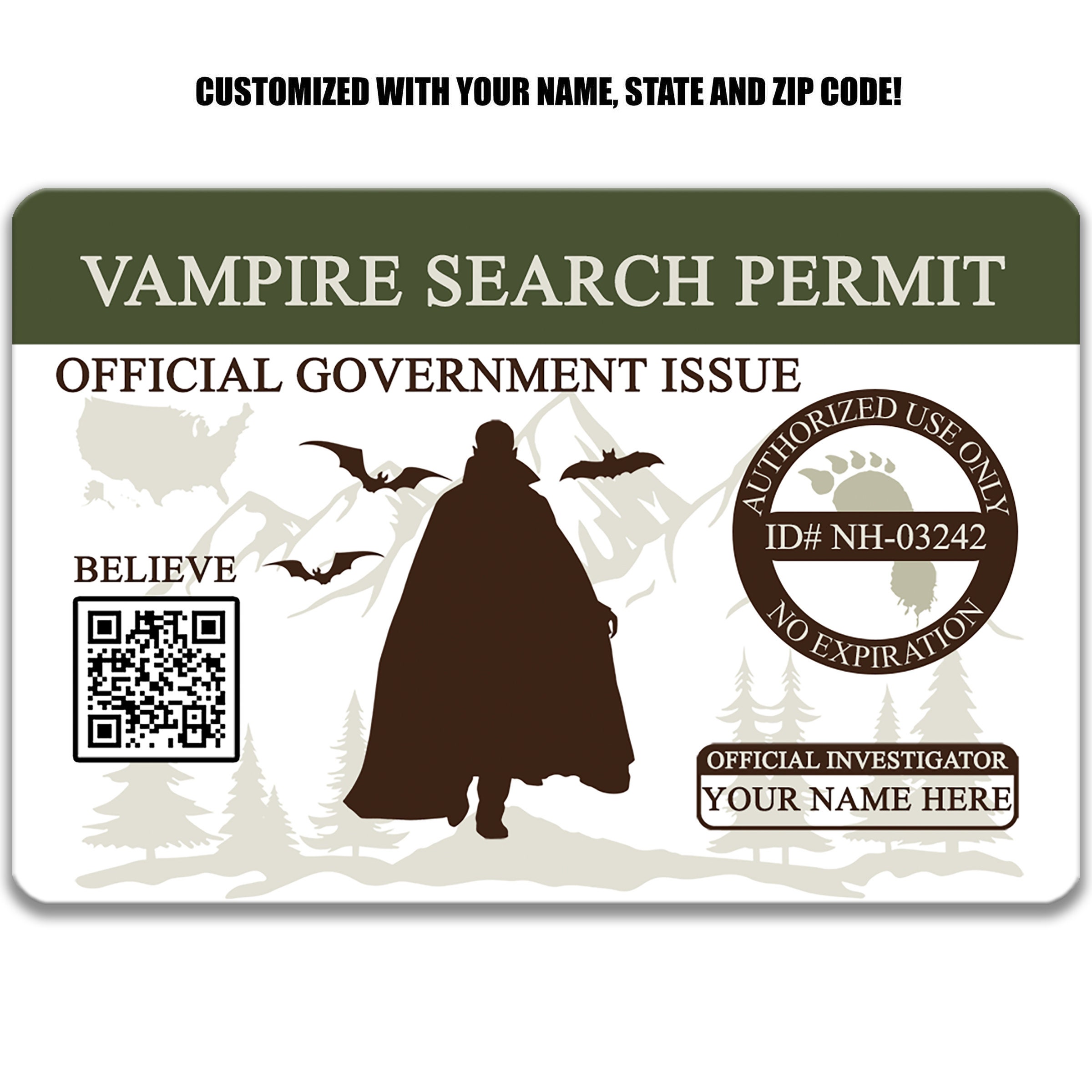 Vampire Search Permit, Metal Wallet ID Card, Personalized Funny ID
