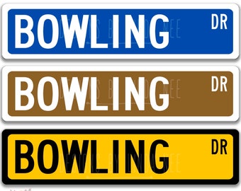 May include: Three aluminium signs with the text "BOWLING DR" in white letters on a blue, brown, and yellow background. The signs are 4 inches by 18 inches.
