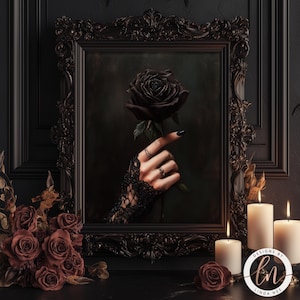 Impresión de pintura al óleo de rosa negra gótica, decoración del hogar de Dark Academia, póster de estética de bruja victoriana, arte mural romántico, encaje hecho a mano 6-GOT026