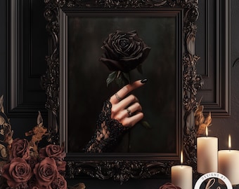 Gothic Black Rose Oil Painting Print, Dark Academia Home Decor, Victorian Witchy Aesthetic Poster, Romantic Wall Art, Lace Hand 6-GOT095